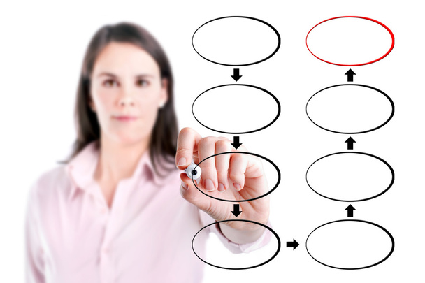 Jeune femme d'affaires dessin diagramme de flux de stratégie en huit étapes, fond blanc
. - Photo, image