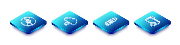 Définir Isometric ligne CD ou DVD disque, Cloud upload, clé USB et bouclier et Ajouter une nouvelle icône de dossier. Vecteur. - Vecteur, image