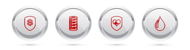 Set line Shield and dollar, Smartphone with contacts, heart rate and Water drop. Silver circle button. Vector. - Vector, Image