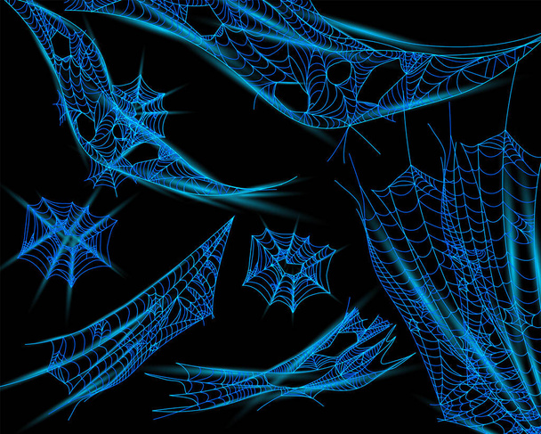 Pókháló gyűjtése rovarok fogására. Neon elvont Cobweb elszigetelt sötét háttérrel. Bonyolult pókháló, halloween koncepció. 3d vektor illusztráció - Vektor, kép
