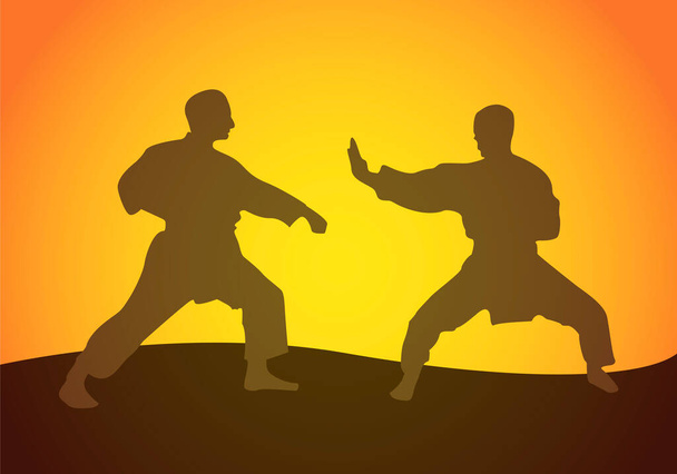 Gente luchando en karate al atardecer. - Vector, imagen