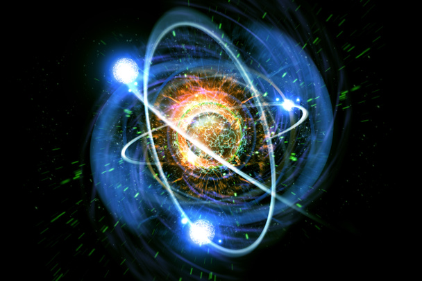 Primo piano di colorato atomico particella sfondo scienza 3D illustrazione - Foto, immagini