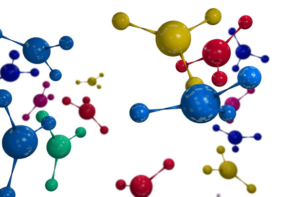 Primer plano de la colorida ciencia de fondo de partículas atómicas Ilustración 3D - Foto, Imagen