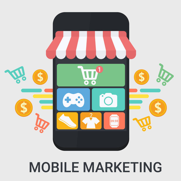 Mobiele marketing in een plat design - Vector, afbeelding