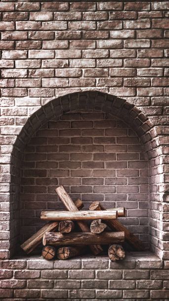 wood log fireplace brick interior background with vircal banner - Photo, Image