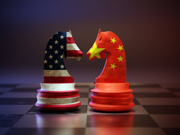 3D-weergave van twee schaakridders met Amerikaanse en Chinese vlaggen boven elkaar staand oog in oog op schaakbord - Foto, afbeelding