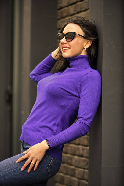 Casual style for every day. Fashionable knitwear. Knitwear concept. Feel comfortable. Woman wear blouse and sunglasses. Spring collection. Luxury, For Woman Who Deserves It. Warm comfortable clothes - Fotó, kép