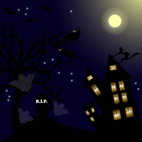 Spookhuis met zwarte kat, raven en maan - Vector, afbeelding
