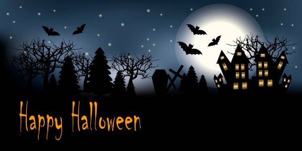 gruñón fondo de Halloween con casa embrujada, murciélagos y luna llena - Vector, imagen