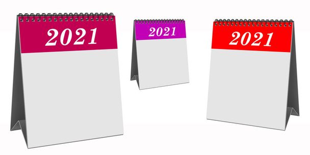 Drei Tischkalender mit Deckblatt 2021 auf weißem Hintergrund - Foto, Bild