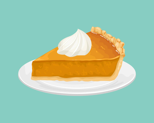Slice of pumpkin pie with whipped cream on a white plate. Vector illustration of a festive dessert in cartoon flat style. - Vector, Image
