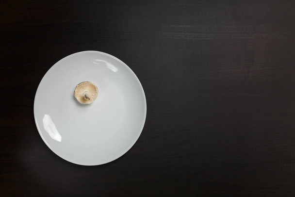 Jeden surowy grzyb Champignon na białym talerzu na czarnym stole. Nie powinno wystarczyć jedzenie lub koncepcja przepełnienia. Dieta, odżywianie, zdrowe i niezdrowe nawyki żywieniowe, koncepcja nadwagi lub niedowagi. - Zdjęcie, obraz