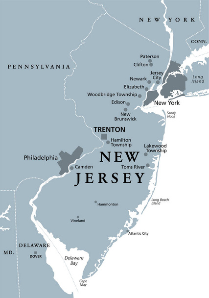 New Jersey, NJ, γκρι πολιτικός χάρτης με την πρωτεύουσα Trenton. Πολιτεία της Μεσο-ατλαντικής περιοχής των βορειοανατολικών Ηνωμένων Πολιτειών της Αμερικής. Στο Γκάρντεν Στέιτ. Εικονογράφηση σε λευκό φόντο. Διάνυσμα. - Διάνυσμα, εικόνα