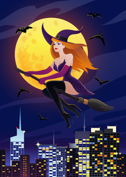 Halloween-Nacht Hintergrund mit Mond und Rotschopf sexy Hexe auf einem Besenstiel über der Stadt. Vektor-Plakatillustration. - Vektor, Bild