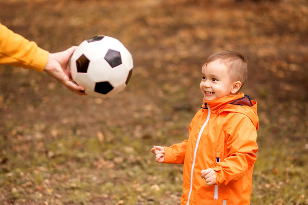 Happy little toddler kid eagerly watching at soccer ball in hand of father. Hand of dad giving to little son football ball in autumn forest or park. Family active leisure outdoors concept - Photo, image
