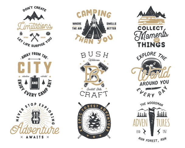 Vintage hand drawn travel badge and emblem set. Hiking labels. Outdoor adventure inspirational logos. Typography retro style. Motivational quotes for prints, t shirts, travel mug. Stock vector design. - Vector, Image