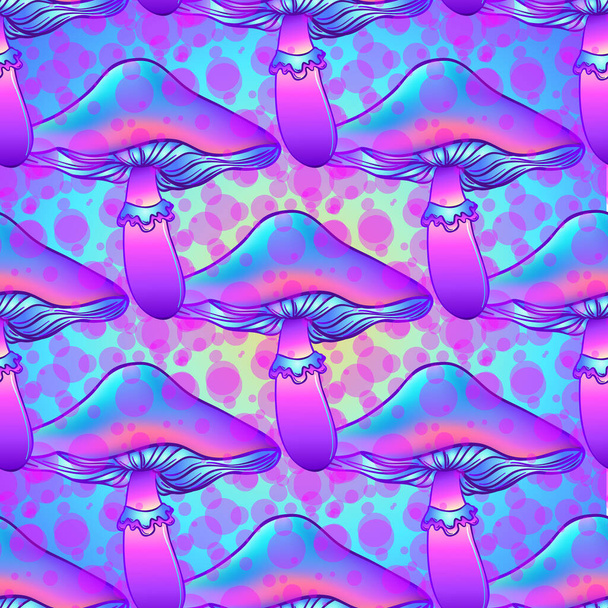 Magic mushrooms. Seamless pattern. Psychedelic hallucination. Vibrant vector illustration. 60s hippie colorful art. Hand drawn element in ethnic style. - Vektor, Bild