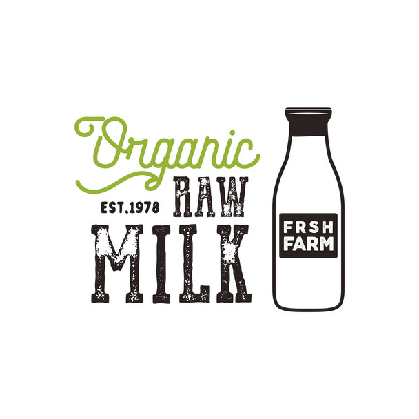 Affiche de lait cru biologique. Modèle de bannière de produits frais de ferme avec bouteille de lait et éléments de typographie. Style vectoriel rugueux isolé sur fond blanc - Vecteur, image