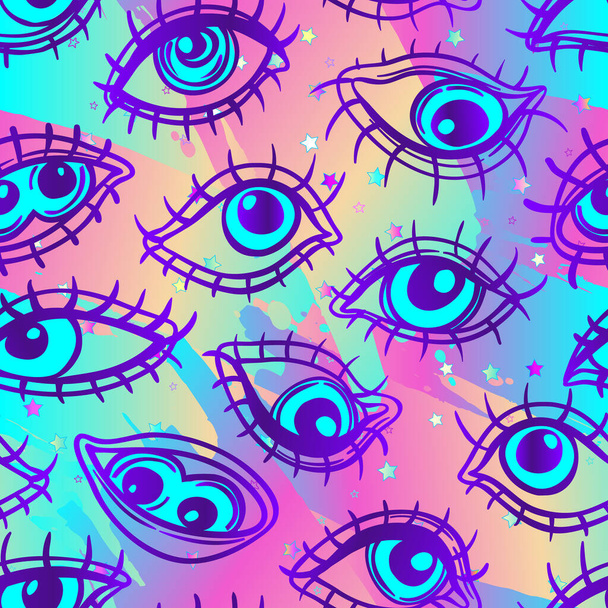 Eyes, seamless pattern over colorful dotted retro 80s, 90s abstract background. Vintage psychedelic textile, fabric, wrapping, wallpaper. Vector illustration. Astrology, religion. - Вектор, зображення