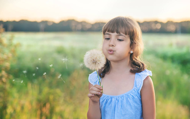 child girl blowing a dandelion. Selective focus. - Photo, Image
