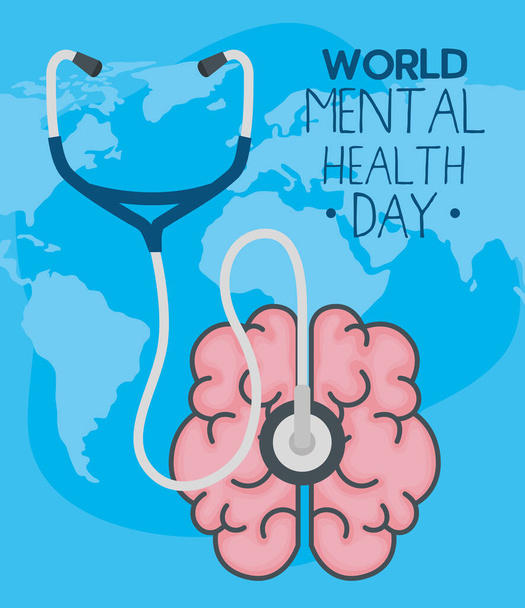Всемирный день психического здоровья с векторным дизайном мозга и стетоскопа - Вектор,изображение