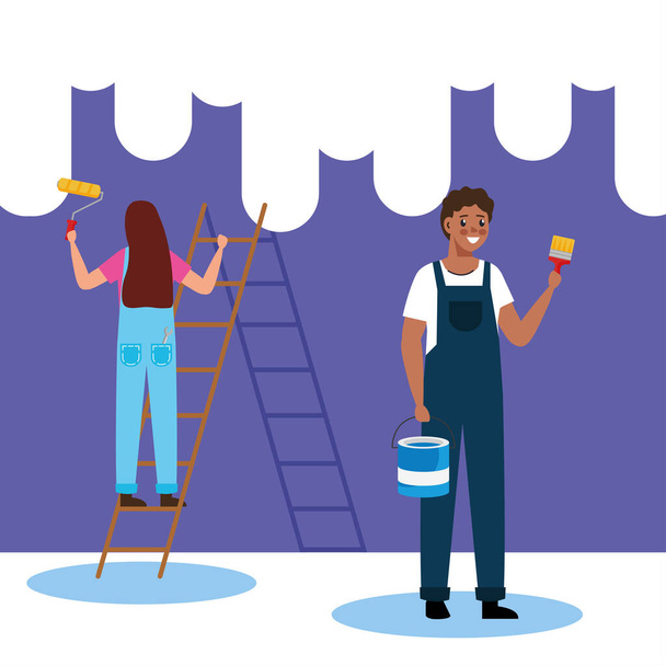 painter man and woman with roll brush and bucket vector design - Vector, Image
