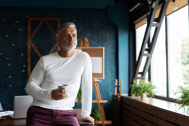 Nenucený šedovlasý Starší pohledný podnikatel podnikatel začínající majitel stojí v moderní kanceláři, pózuje v pracovním prostoru - Fotografie, Obrázek
