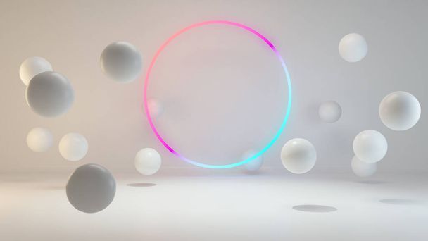 Concept de zone d'affichage de produit créé avec des formes de globe et cercle néon lumière arrière-plan rendu 3D - Photo, image