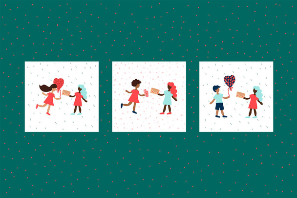 Set of postcards with Young people giving gifts on a date for the day of Love. The illustrations are hand-drawn in the style of flat hearts and balloons symbols of love. Vector illustration for - Вектор, зображення
