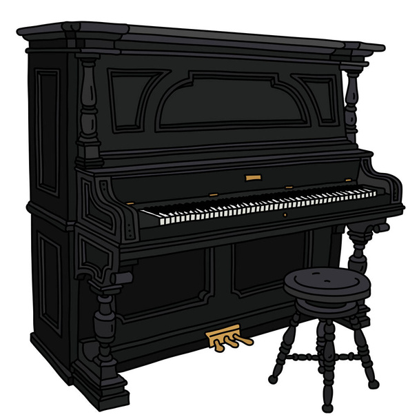 El dibujo vectorizado a mano de un pianino abierto negro vintage con una silla - Vector, Imagen