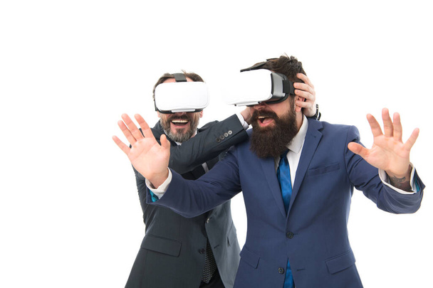 Business innovation. Vr presentation. Men vr glasses modern technology. Virtual business. Online business concept. Men bearded formal suits. Digital and cyber technologies. Experimental experience - Photo, image