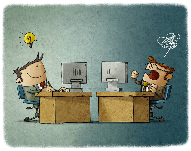 Иллюстрация бизнесменов, работающих за своими рабочими столами, одна ясная и счастливая, а другая запутанная и злая. концепция делового настроения. - Фото, изображение