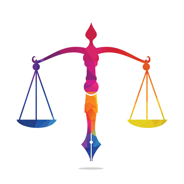 Logotipo de la ley vector con equilibrio judicial simbólico de la escala de la justicia en una pluma. Logo vector para la ley, los tribunales, los servicios judiciales y las empresas. - Vector, Imagen