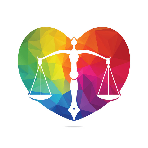 Love Law Logo Vektor mit richterlichem Gleichgewicht symbolisiert die Gerechtigkeitsskala in einer Federfeder. Herz-Balance mit Pen-Feder-Vektorschablone. - Vektor, Bild