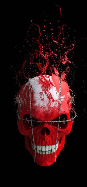 Cráneo de vampiro rojo atado en alambre de púas disolviéndose en partículas - Foto, Imagen