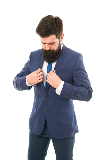 brutal boss man isolated on white. hipster with beard has own business. modern business success. office life. bearded businessman in formal suit. Following his personal style. professional style - 写真・画像