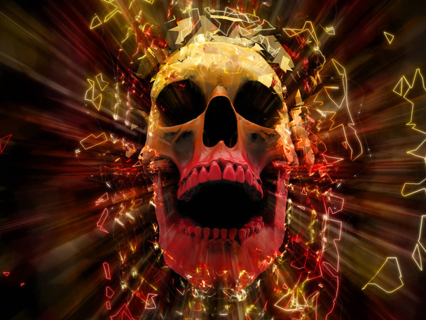 Cráneo sonriente explotando en cientos de elementos de polígono de neón - Foto, imagen