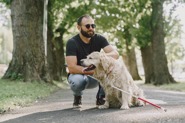 Blind man with guide dog in a summer city - Fotografie, Obrázek