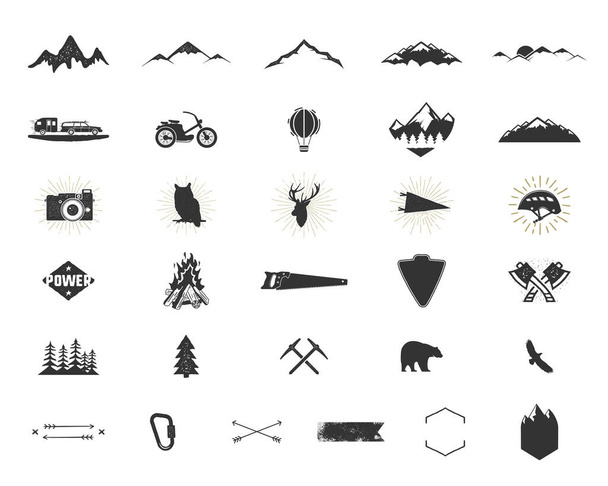 Outdoor adventure silhouette icons set. Climb and camping shapes collection. Simple black pictograms bundle. Use for creating logo, labels and other hiking, surf designs. Vector isolated on white - Vector, Image