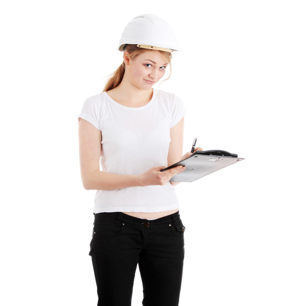Engineer woman in white helmet  - Foto, immagini