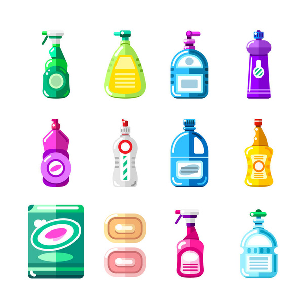 Prodotti chimici per la casa, detergenti e detergenti. Illustrazione vettoriale di bottiglie multicolore, contenitori, imballaggi. Pulizia della casa ed elementi di design per la casa. - Vettoriali, immagini