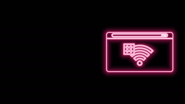 Świecąca linia neonowa Brak ikony połączenia internetowego na czarnym tle. Brak bezprzewodowego WiFi lub znak dla zdalnego dostępu do Internetu. 4K Animacja graficzna ruchu wideo - Materiał filmowy, wideo