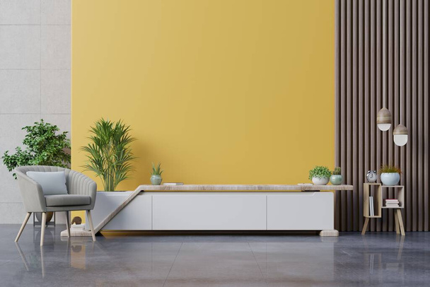Ντουλάπι TV στο σύγχρονο σαλόνι με πολυθρόνα, λάμπα, τραπέζι, λουλούδι και φυτό σε κίτρινο φόντο τοίχο, 3d απόδοση - Φωτογραφία, εικόνα