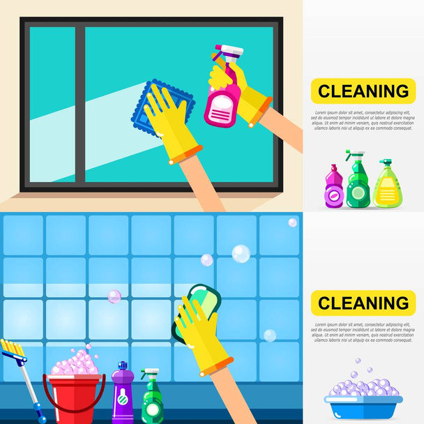 Concepto de servicio doméstico y de limpieza. Limpieza de azulejos de ventanas y baños. Plantilla de banner de vector. - Vector, Imagen