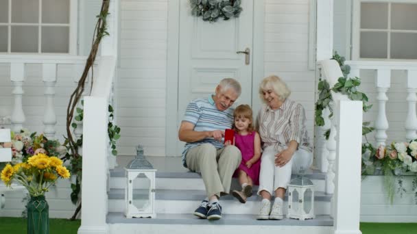 Senior ouple seduta con nipote in veranda a casa. Utilizzo del telefono cellulare per videochiamate online - Filmati, video