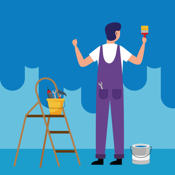 pintor hombre con cepillo y herramientas cubo en escalera vector diseño - Vector, Imagen