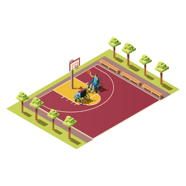 Invalids in wheelchair playing basketball on playground - Vector, Image