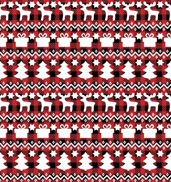 Buffalo plaid Christmas Jingle Bells on the background of the music page. Festive seamless pattern. Vector illustration. eps - Vektör, Görsel