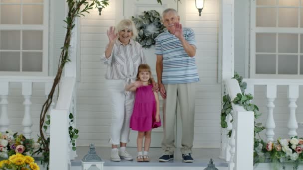 Senior grandfather and grandmother couple with granddaughter waving hand, smiling, saying hello - Footage, Video