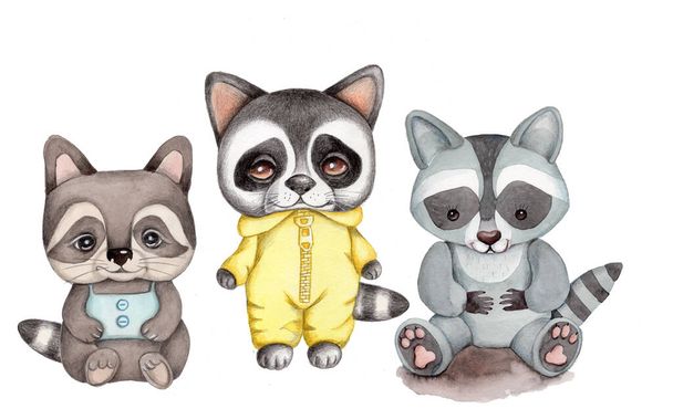 Watercolor hand drawn illustration of cute adorable cartoon raccoons. Isolated on white background. Sketch for children design and decoration. - Photo, Image